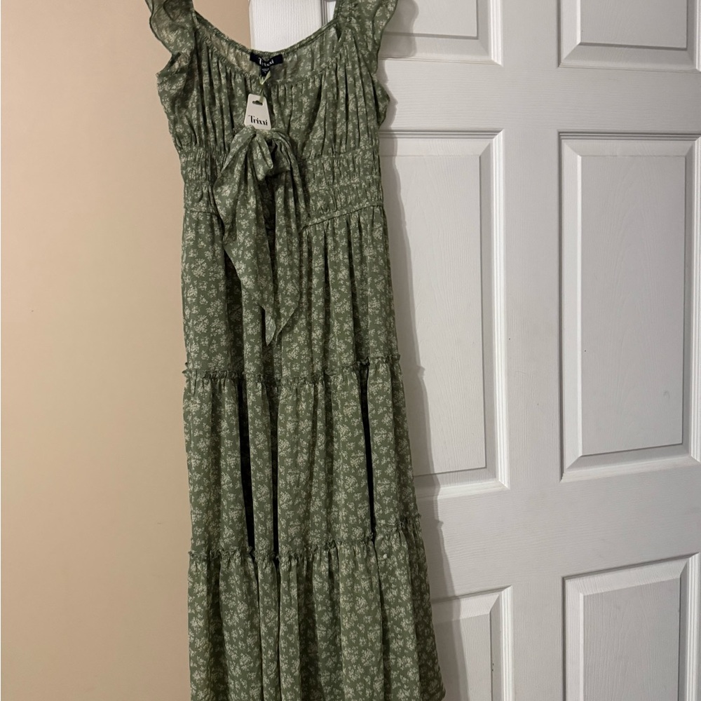Green Floral Tiered Dress with Bow